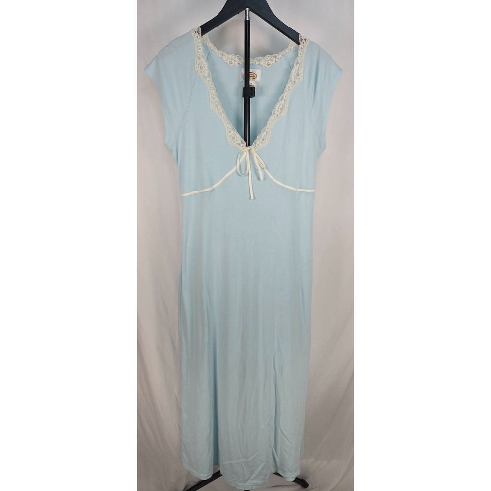 Y2K Talbots Cotton Blend Knit Slip Dress Sz M Blue Lace Babydoll Cottagecore